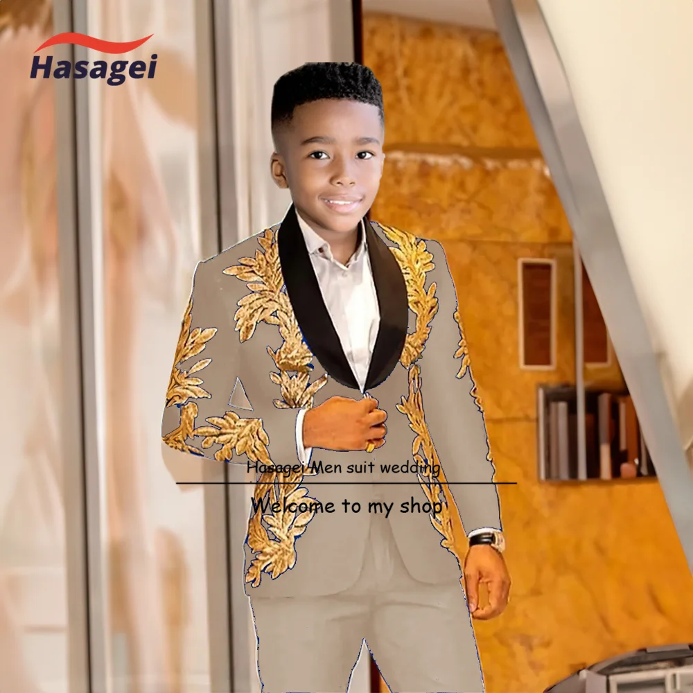 Gold Appliques Boys Suit Tuxedos 2 Pieces Sequins Custom Made Handsome Wedding Suits For Kids Fit Slim Formal