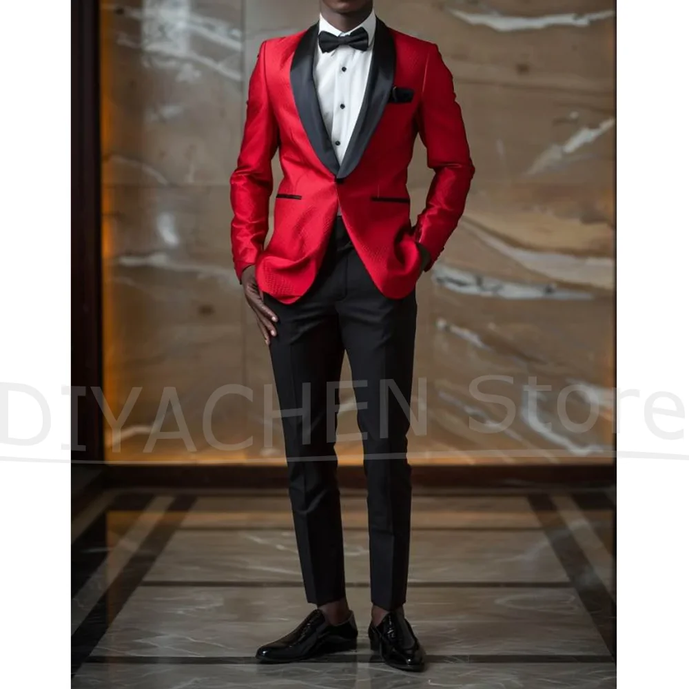 

Мужской костюм из двух предметов, красный пиджак с черными брюками, шаль с лацканами, стильный смокинг для свадебной вечеринки, высококачественный мужской костюм на заказ