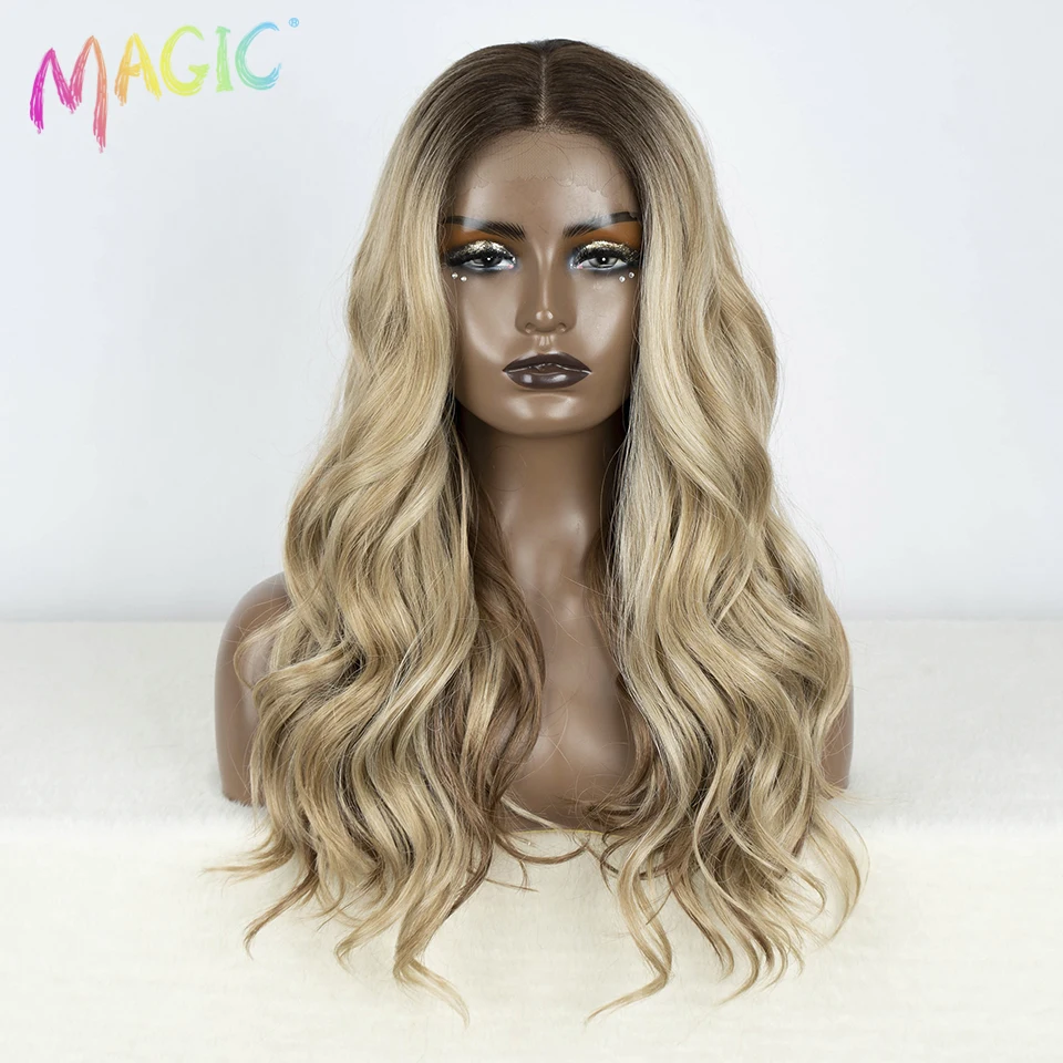 Magic Synthetic Lace Front Wigs For Women 24“ Highlight Honey Brown Body Wave Wig Ombre Blonde Lace Wig Synthetic Cosplay Wig