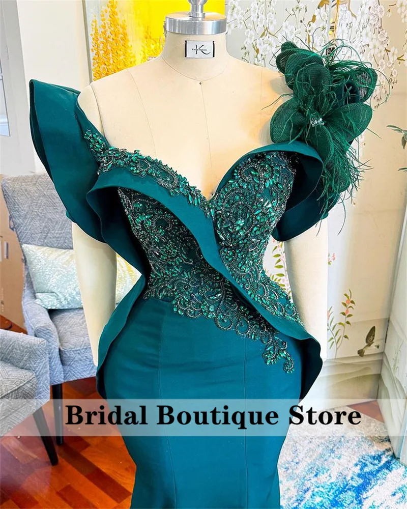 Elegant Aso Ebi Green Evening Dresses Beading Crystals Feathers African Wedding Prom Birthday Party Dress Robes Customized