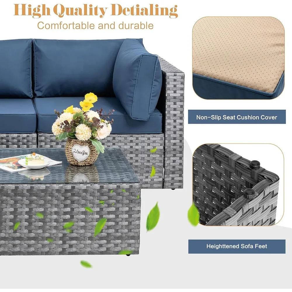 5pcs Patio Outdoor Furniture Sets Conversation Set,Low Back All-Weather Rattan Sectional Sofa with Tea Table&Washable Couch