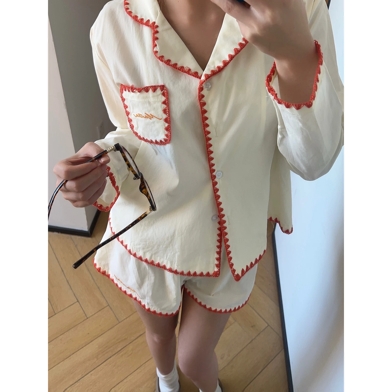 

Muuzimm Jennie Цветная вышивка Blo Long Sve Spwear orts Комплект домашней одежды Хлопок Удобная дышащая женская одежда...