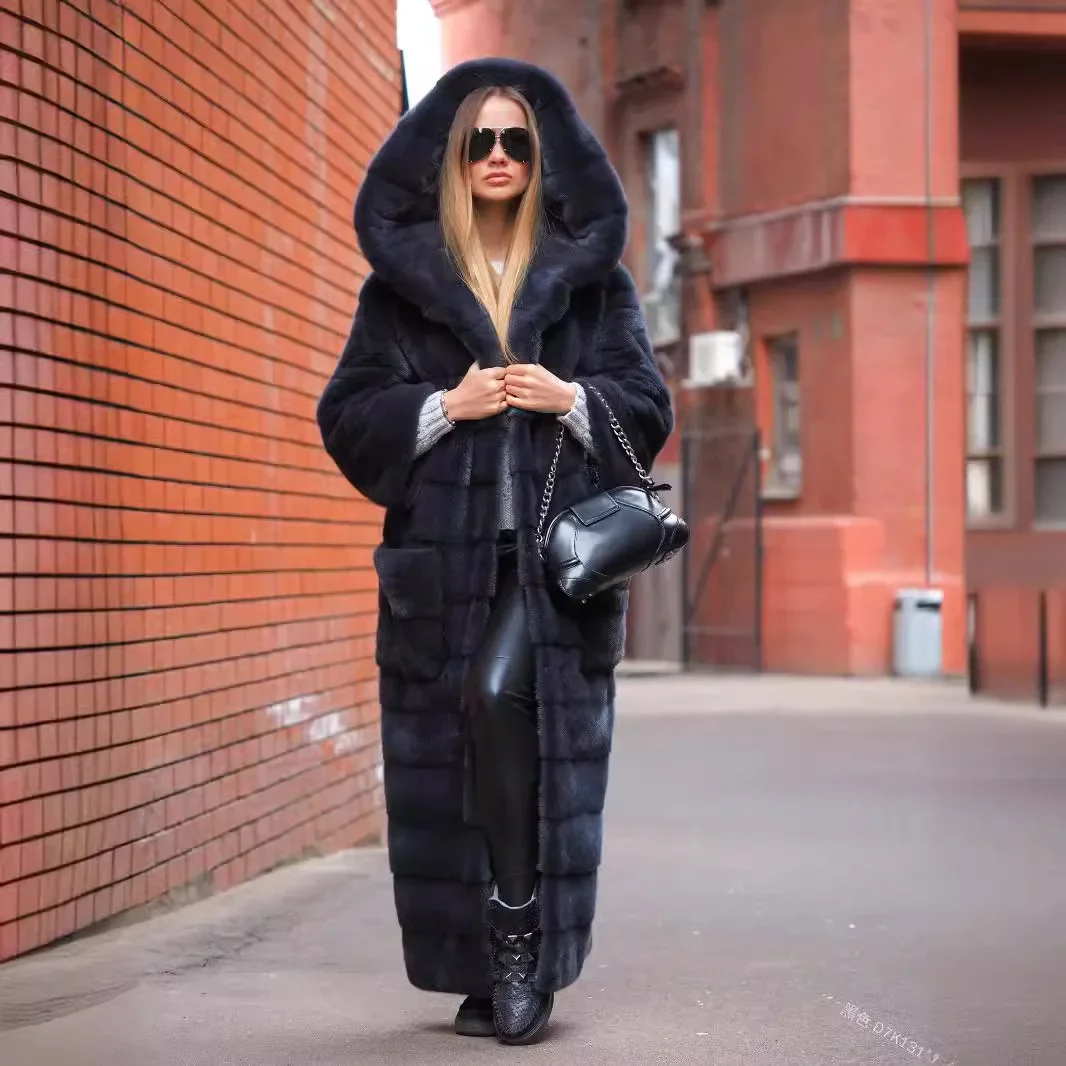 Women Warm Faux Fur Coat Vintage Solid Hoodies Midi Length Cardigan Jackets Furry Outerwear Jackets Hooded Coats Winter