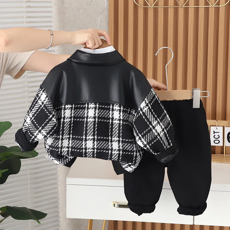 Boys' Checkered Gentleman Set Spring and Autumn New Children's Fashion Leather Coat Spliced Long sleeved Coat Casual Two Piece S