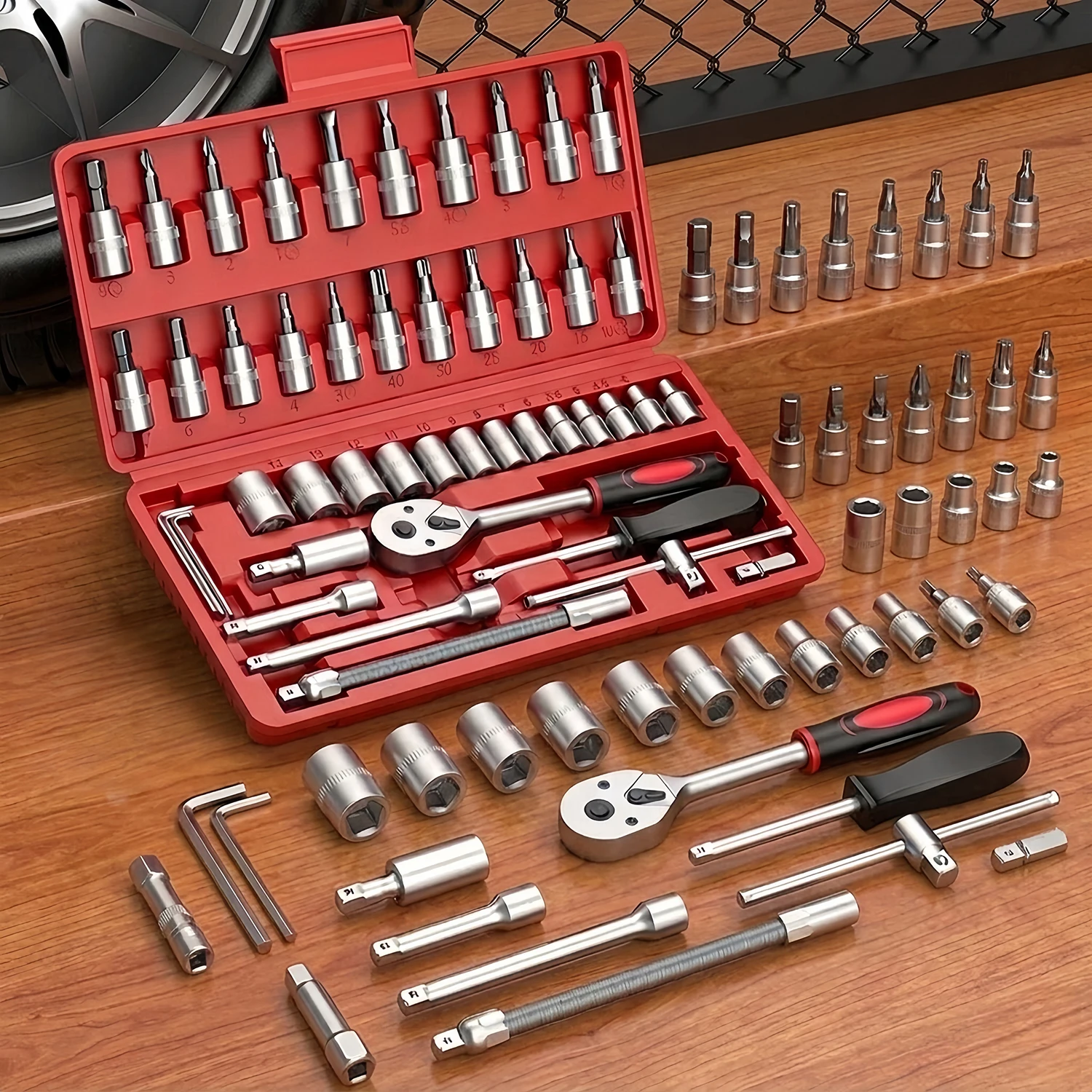 46 PcsFamily Tools 1/4 Set Mechanic Tool Kits for Auto Repair Hous with Sockets Metric Hex Bit Socket Set inch Ratchet Wrench1pC