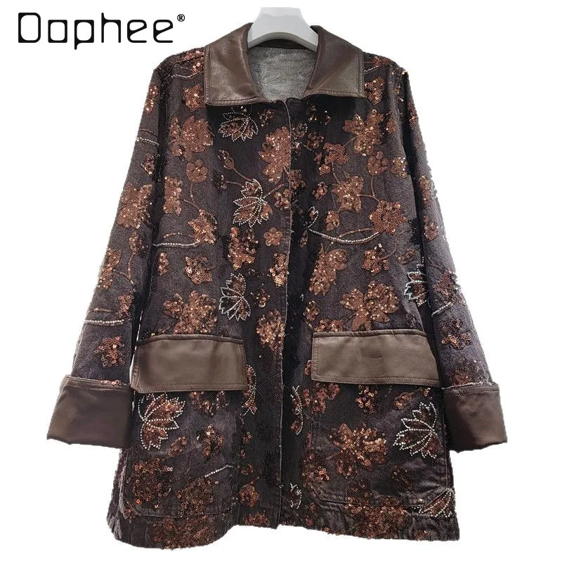 European Station Spring New Fashion Splicing Sequin Embroidered Denim Jacket Women Heavy Industry Bead PU Leather Splicing Coat