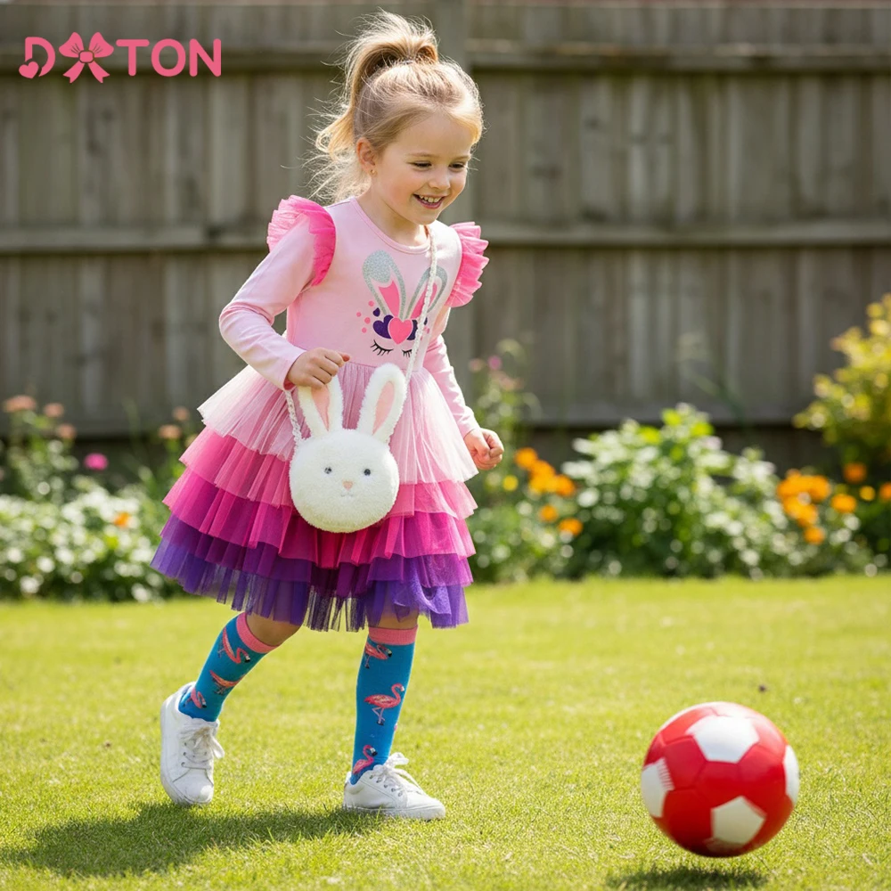 

DXTON Spring Autumn Kids Cotton Daily Clothing Soild Toddler Princess Layer Dresses Rabbit Animal Children Ruffled Casual Dress