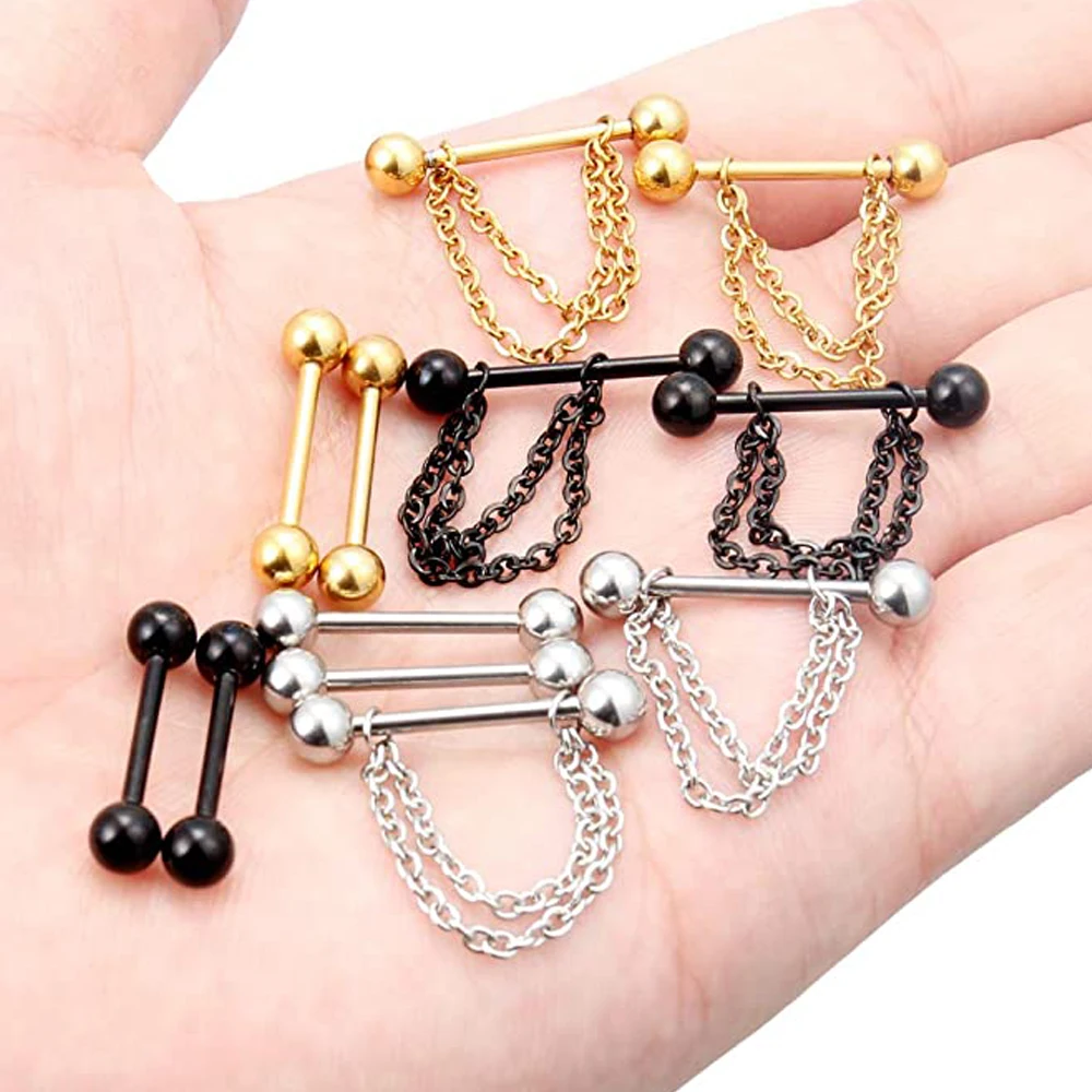 6 Pairs Nipple Rings 14G Surgical Steel Chain Dangle Nipple Shield Barbell Piercing Nipplerings Bar Jewelry for Women Men Kit image 6