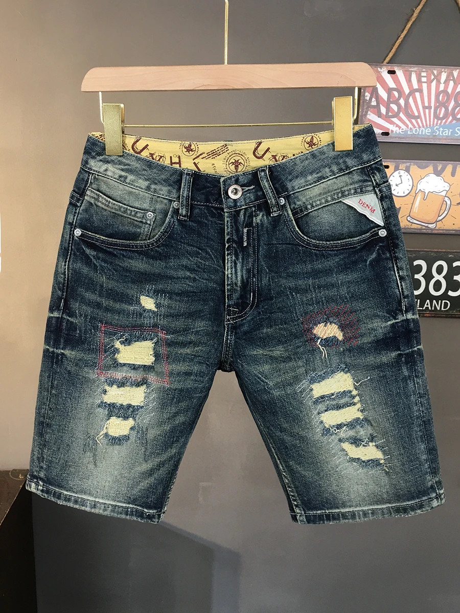 

Retro High Street Men's Denim Shorts Five-Quarter Length with Patchwork And Wear-Resistant Features Casual Straight Leg Fit
