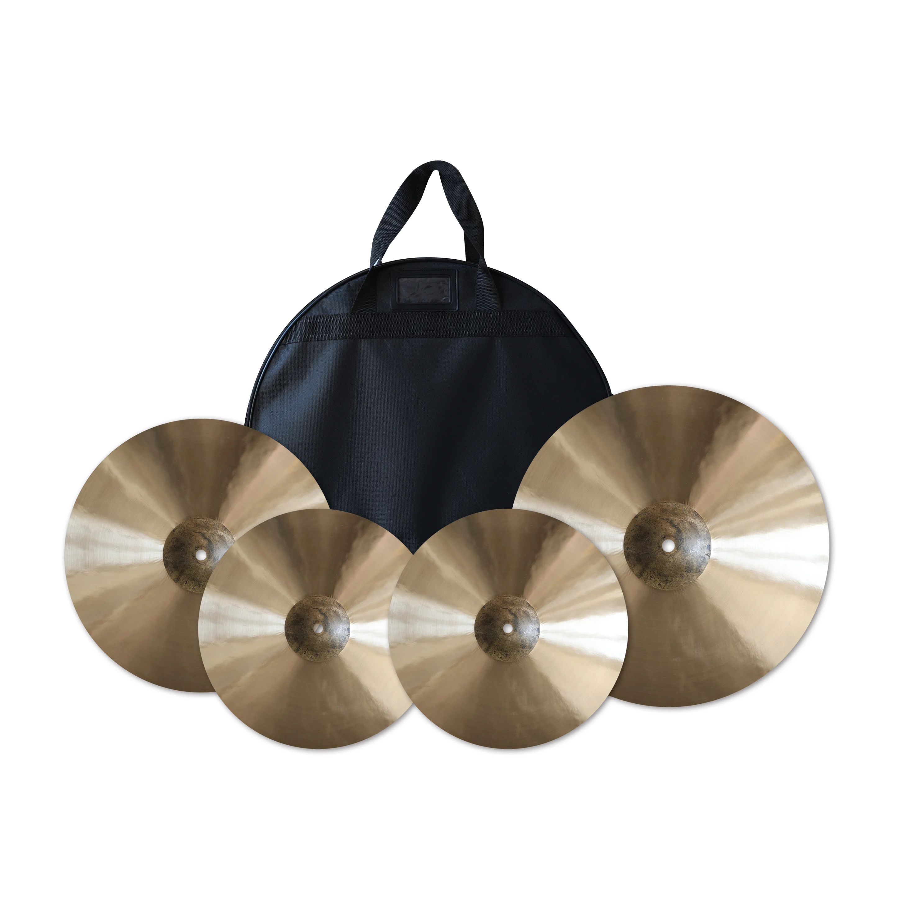 Hand-hammered B20 cymbals 4-piece set, 14-inch tall hat, 16-inch bump and 20-inch riding cymbals