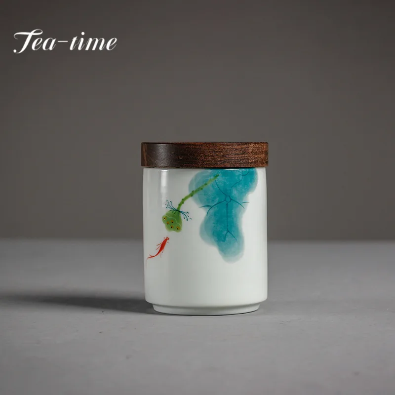 Pure Hand-painted Fish Play Tea Box Organizer Vintage Mini Storage Tank Wood Lid Containers Tea Caddy for Tea Supplies Ornaments