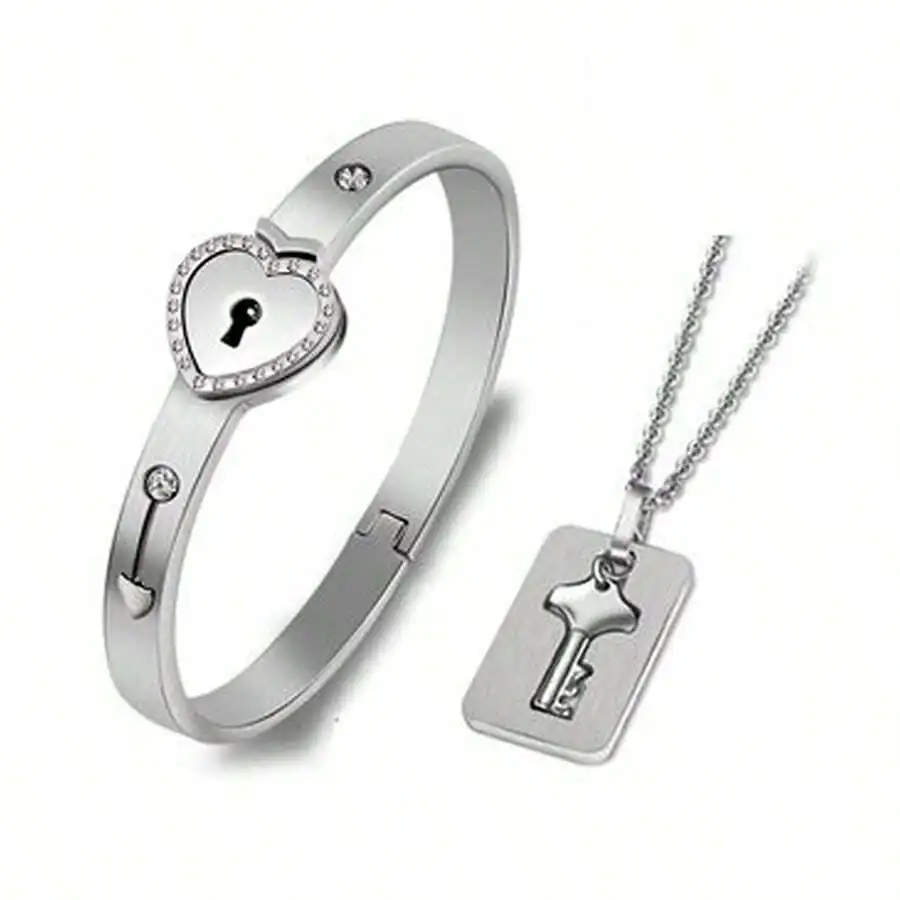 

Набор для пары из нержавеющей стали: браслет с замком-сердцем и кулон-ключ на цепочке