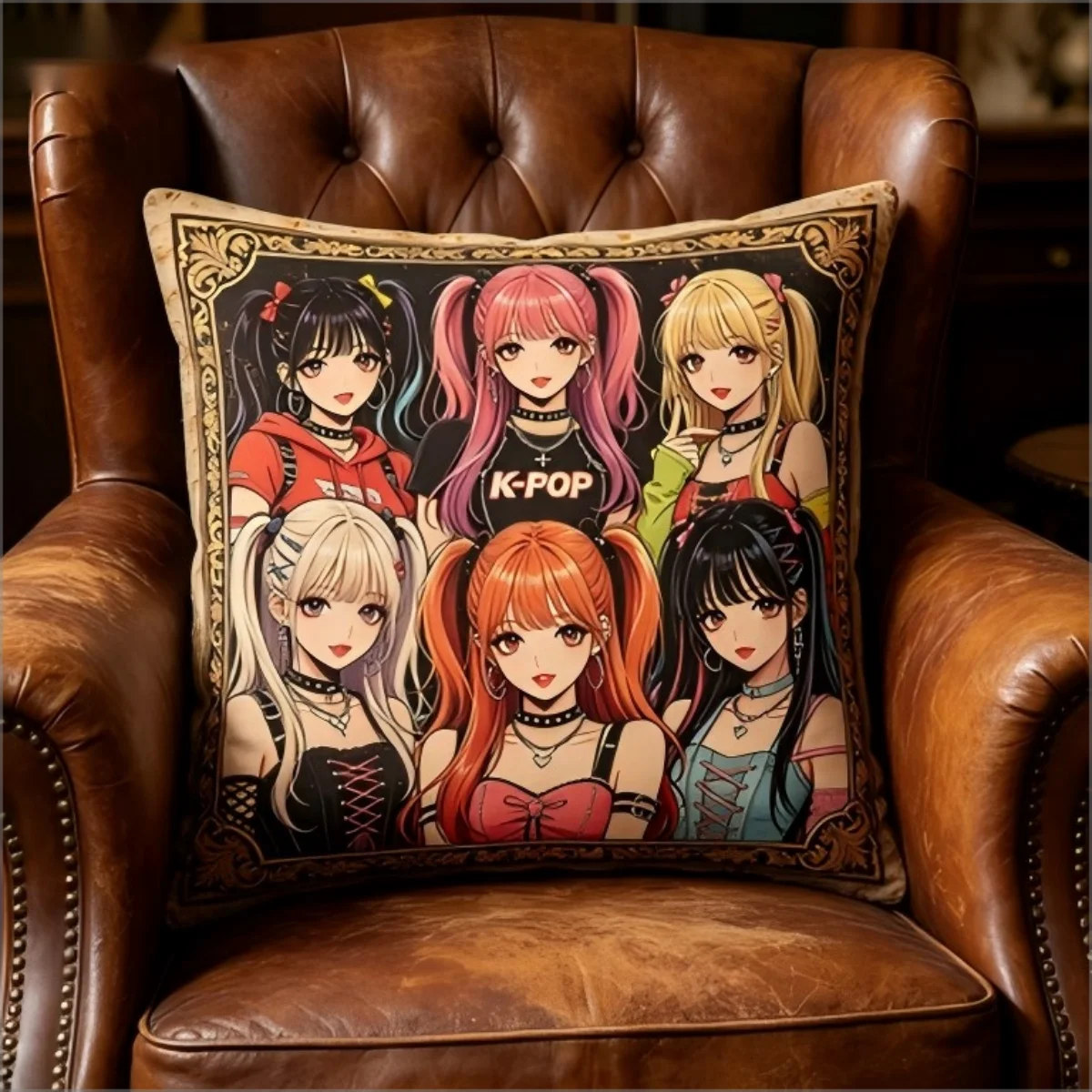 Vintage K-pop Idol Girl Group Throw Pillow Cover Retro Anime Art Decorative Cushion Case for Living Room Sofa Couch Home Decor