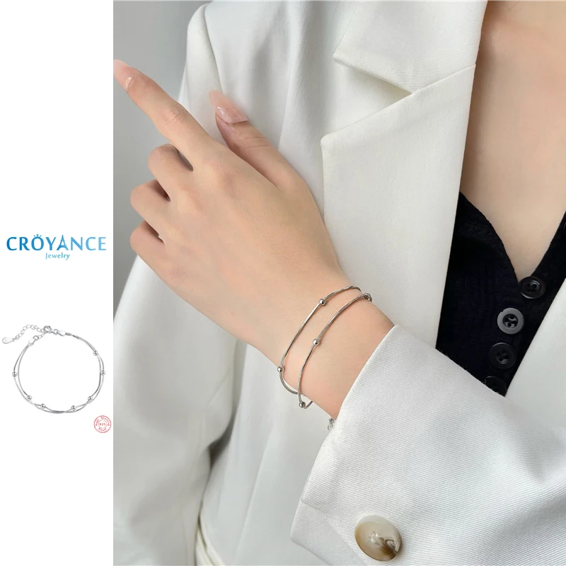 925 Sterling Silver Elegant Double Layer Bead Bracelets for Women Fashion Simple String Style Multilayer Hand Chain Jewelry Gift