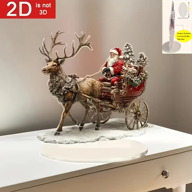 2D Flat, 2D Flat Bohemian Santa Claus Sleigh and Reindeer Desktop Decoration - Battery-Free Christmas Ornament, Easy-to-Clean Ac
