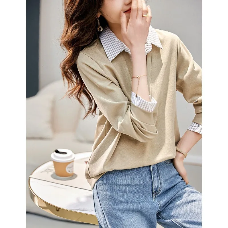 2023 Spring and Autumn Women\'s Stripe Contrast Long Sleeve Polo Collar Fake Two Pieces Pullover Fashion Casual Formal Tops