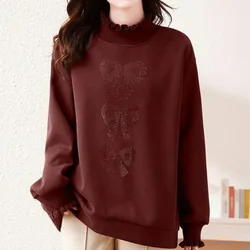 Autumn and Winter Women's Solid Half High Collar Long Sleeve Loose Pullover Hoodies Diamonds Bow Korean Fashion Casual Tops