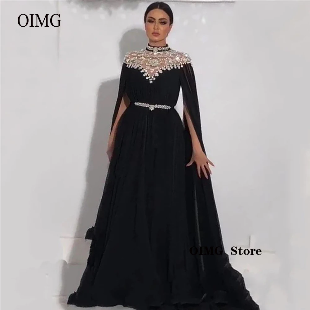 OIMG Shiny Crystal Black Chiffon Muslim Arabic Women Evening Dresses Long Cape Sleeves High Neck Sash Formal Party Prom Gowns