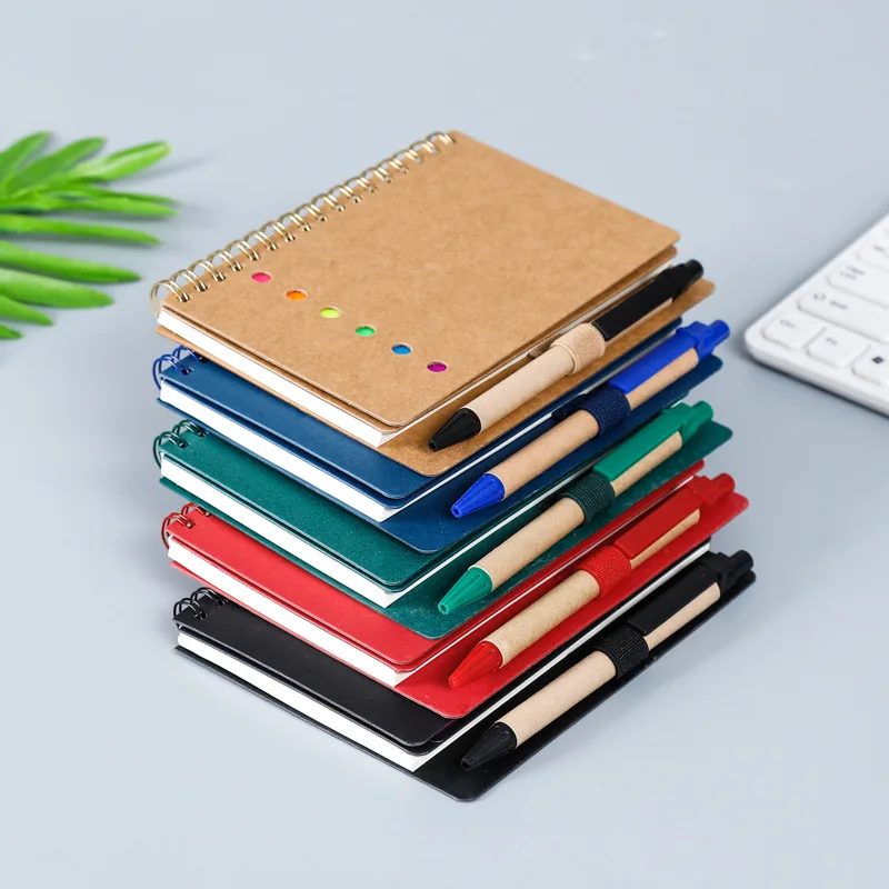 

Low MOQ Custom 70 Sheets 5 Color Double Coil Ring Spiral Binding A6 Memo Pad PET Sticky Notes Pen Set Notebook Hardcover Notpad