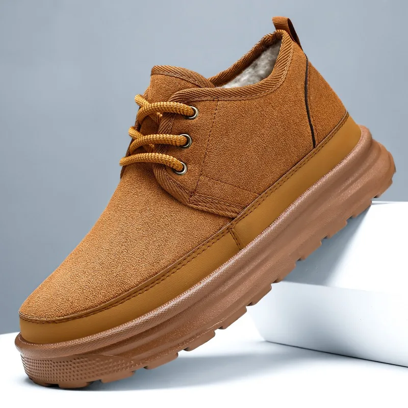 2025 Winter Fashion Leather Snow Boots Men's Fur Warm Thickened Cotton Shoes Outdoor Non-Slip Thick-Soled Hiking Ankle Boots Men