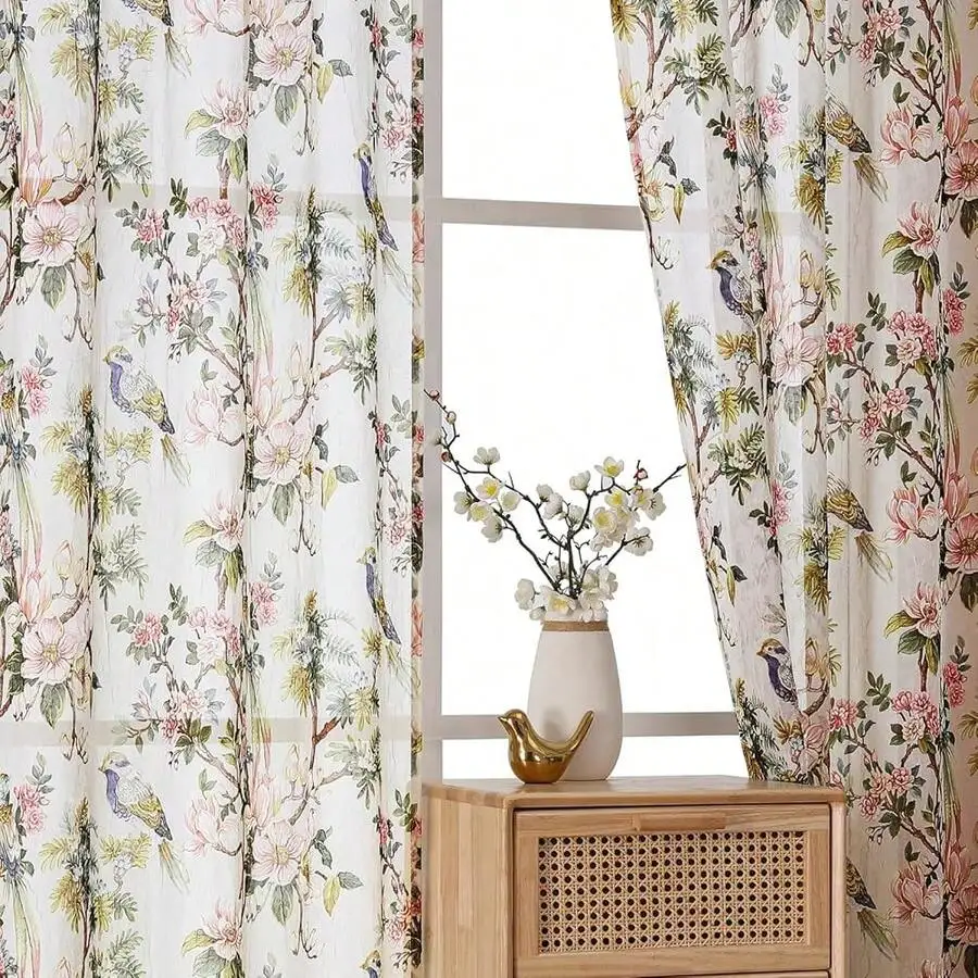 Floral Printed Sheer Curtains 2 Panels Rod Pocket Light Filtering Farmhouse Window Drapes 42x96 Inches