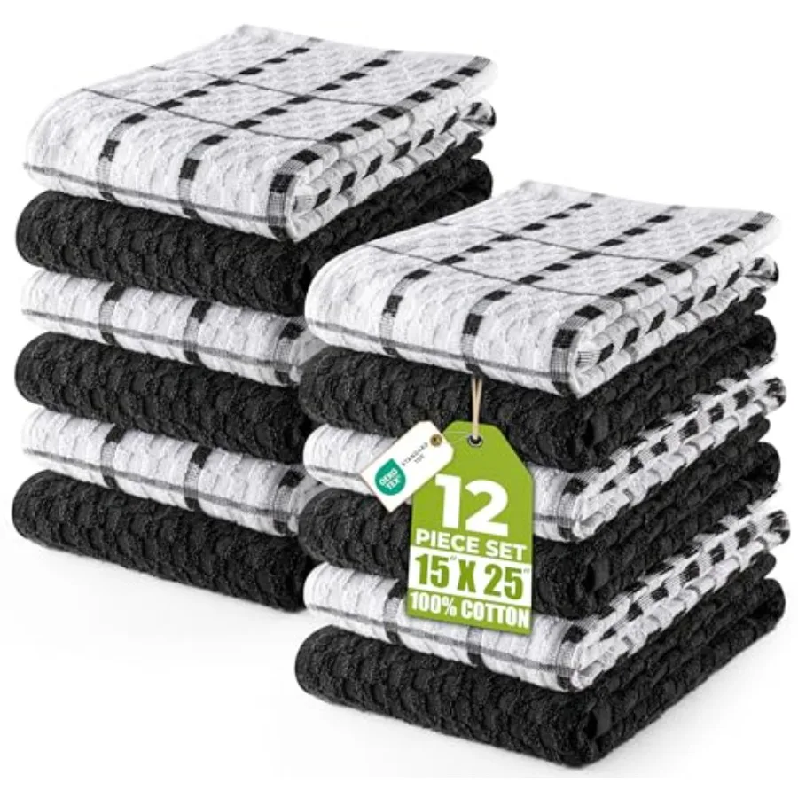 

Kitchen Towels 12 Pack, 15 x 25 Inch, 100% Ring Spun Cotton Super Soft and Absorbent Linen Dish, Tea and Bar Towels Set