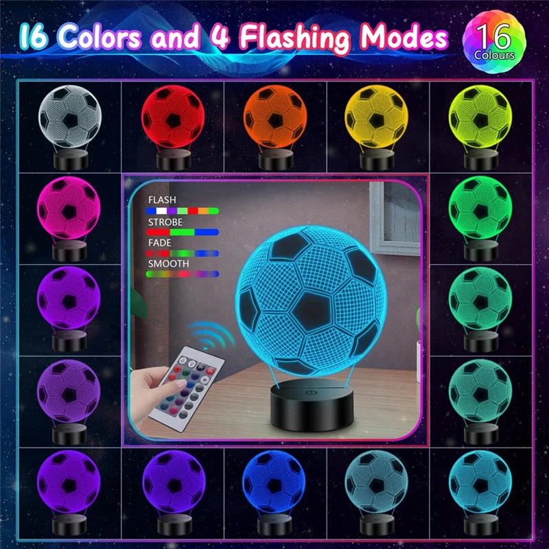 

N04R Football Lamp For Kids, 3D Illusion Night Light, 16 Colors, Remote Control, Ideal Gift For Boys,