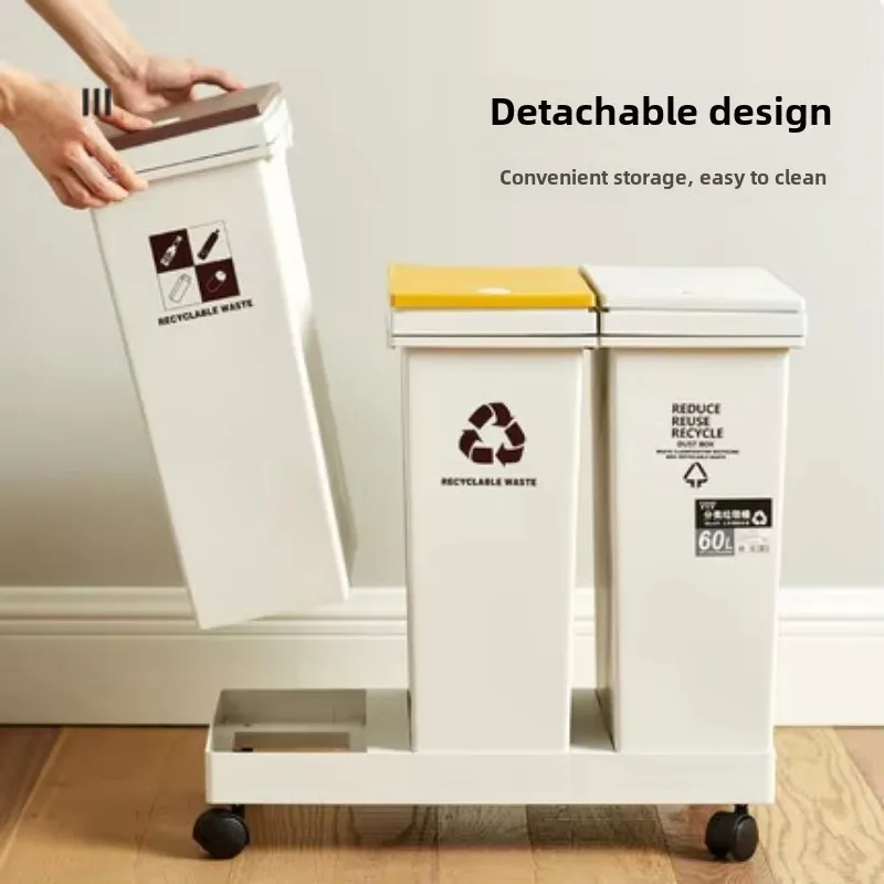 Compartment Trash Can with Wheels Double Recycling Bin with Detachable Lid Kitchen Sorting Trash Bin Recycling Solution