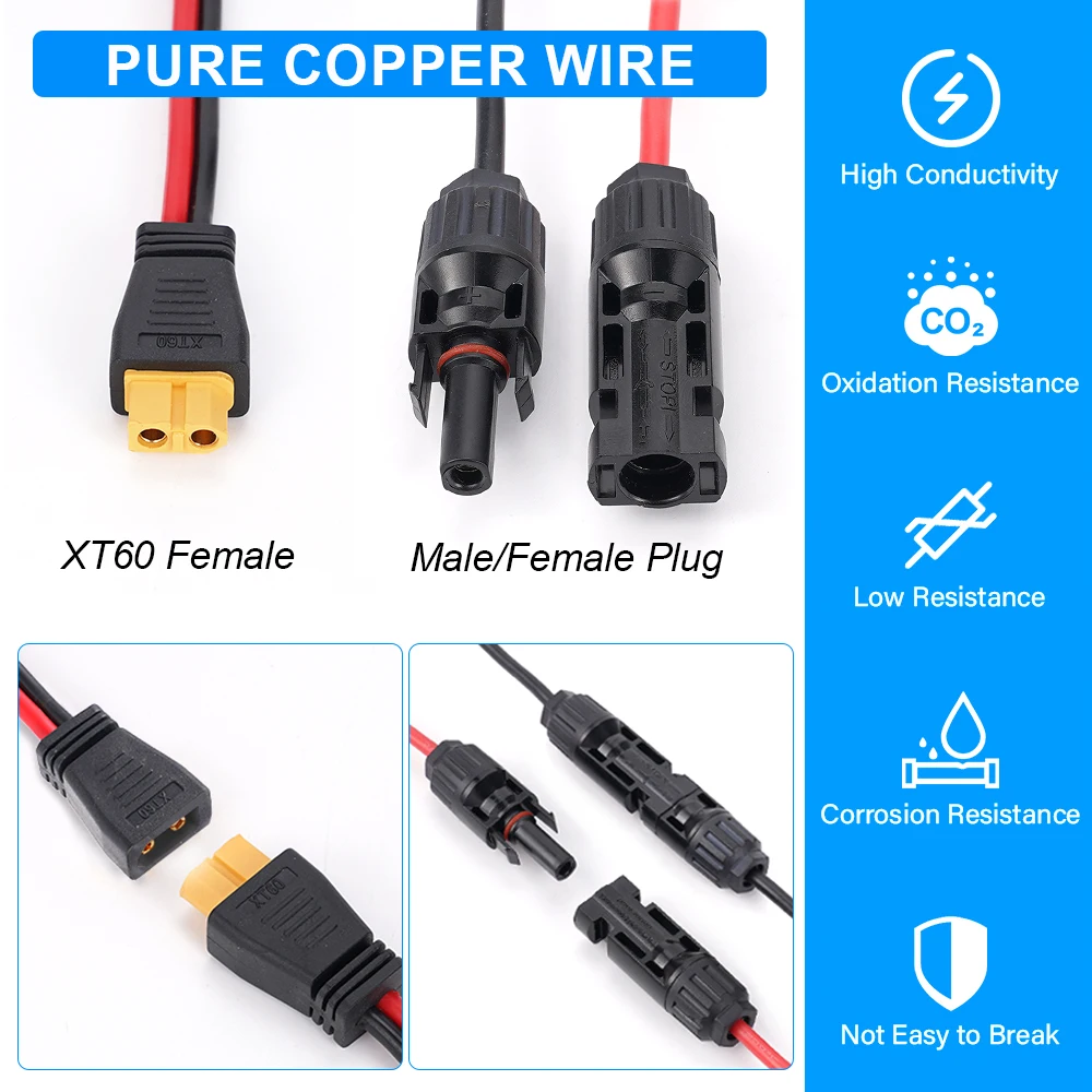 3 Meter 10 Fuß 12 AWG Solarpanel-Anschluss auf XT60-Adapterkabel, Solar-Ladekabel, PVC-Draht aus reinem Kupfer für Auto-Kraftwerk