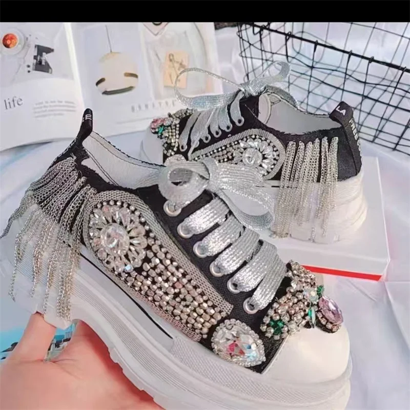 Thick soled fringe nails jeweled rock punk street dance performance shoes hand-tailored black low-top casual women's shoes 35-40