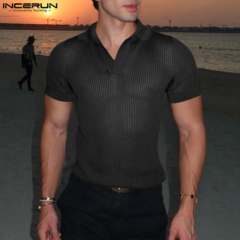 

Men Shirt Hollow Out Lapel Short Sleeve Solid Transparent Summer Male Shirts Streetwear 2025 Fashion Casual Camisas INCERUN