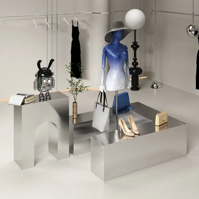 Display stand Stainless steel high and low display stand, shoe and bag display table