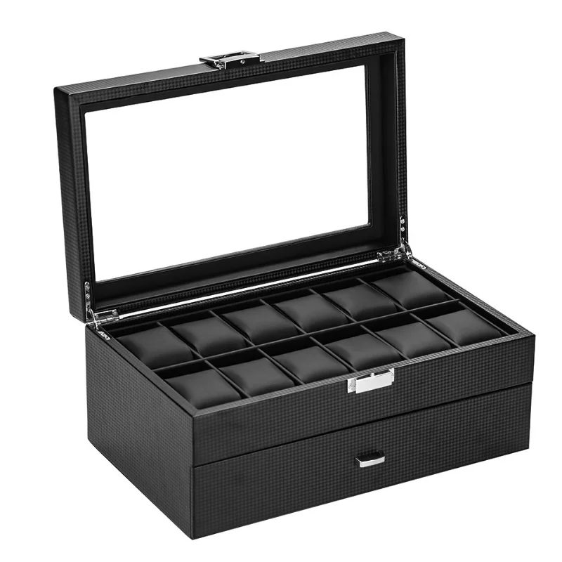 Watch Box Organizer Storage Luxury jewelry Double Layer 24 Slots Case Carbon fiber PU Black Display Box Square Glass Cabinet