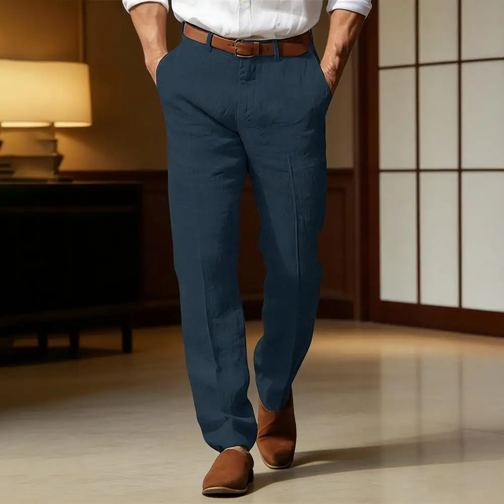 

Men Linen Pants Summer Men Linen Trousers Men's Mid-rise Casual Trousers with Button Zipper Closure Straight Leg Long for Travel