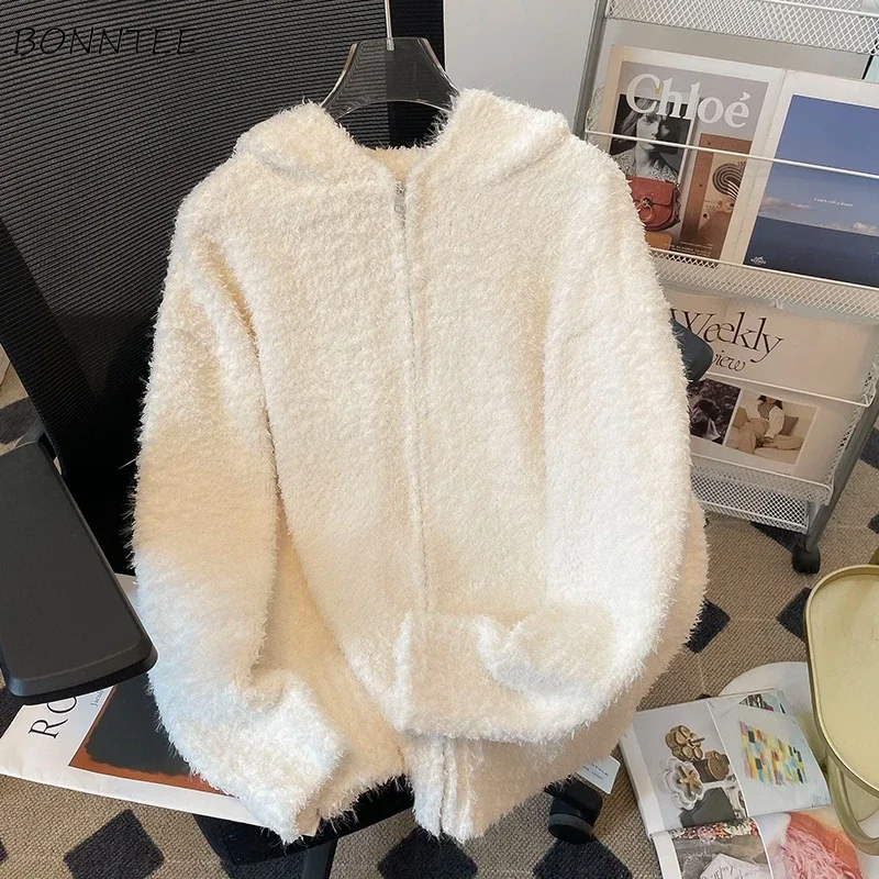 Cardigan Women Solid Hooded Chic Furry All-match Simple Loose Fit Gentle Cozy Soft Outwear Autumn Ins Knitted Casual Popular