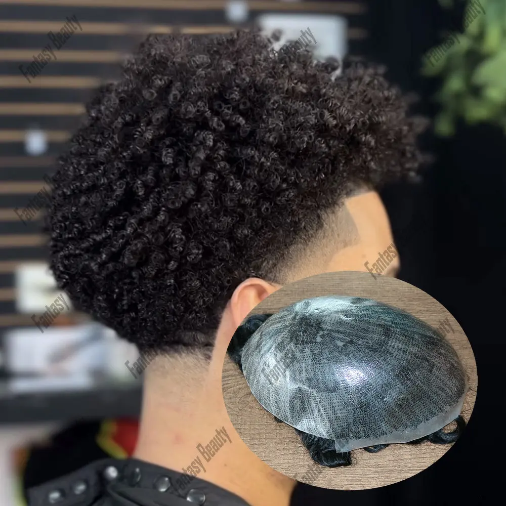 8mm Afro keriting pria prostesis 100% rambut manusia Wig injeksi kulit tipis Pu dasar rambut palsu untuk pria Wig sistem hiasan rambut