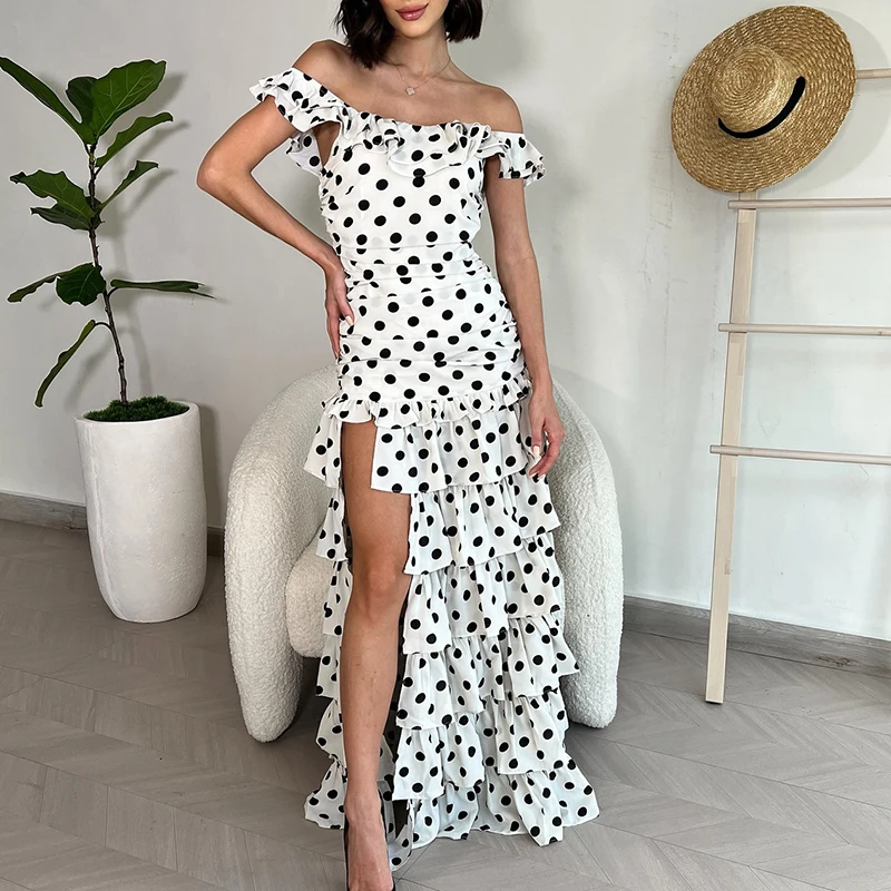 

Элегантное платье для выпускного вечера во французском стиле, новое летнее вечернее платье с принтом в горошек, повседневное многослойное платье с высокой талией и оборками по краям