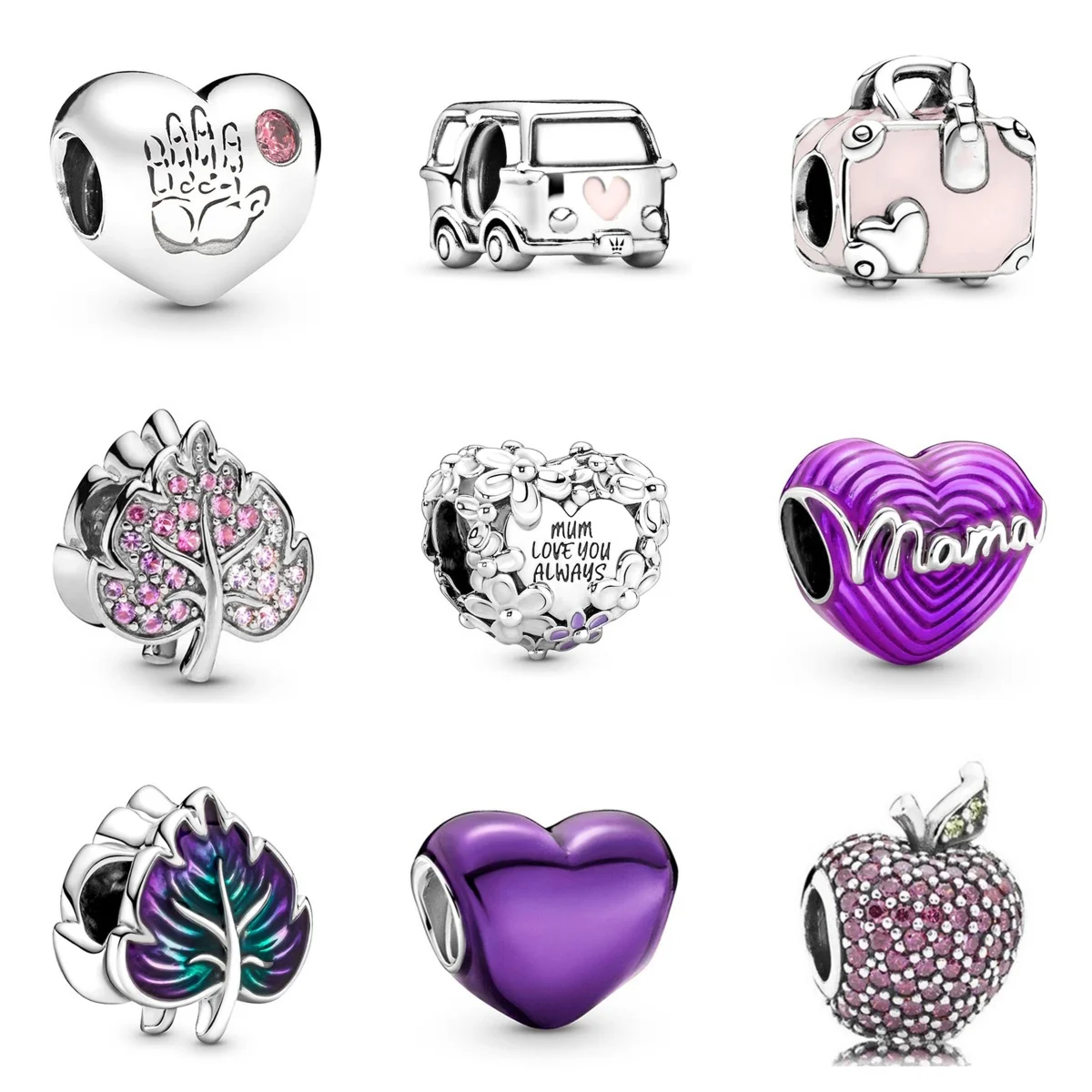 New Silver Plated Heart Pendants Purple Blue Charm Beads For Pandora DIY Bracelet Necklace Jewelry Accessories Gifts