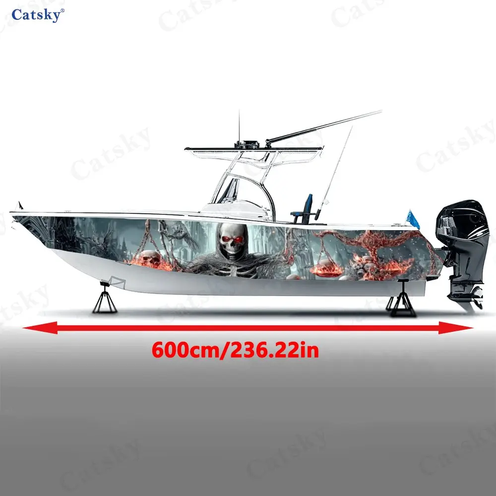 Boat Exterior Graphic Wrap, Skeleton Scale Skull Pattern, Durable Waterproof Vinyl, Suitable for Wakeboard Boats Motorboats