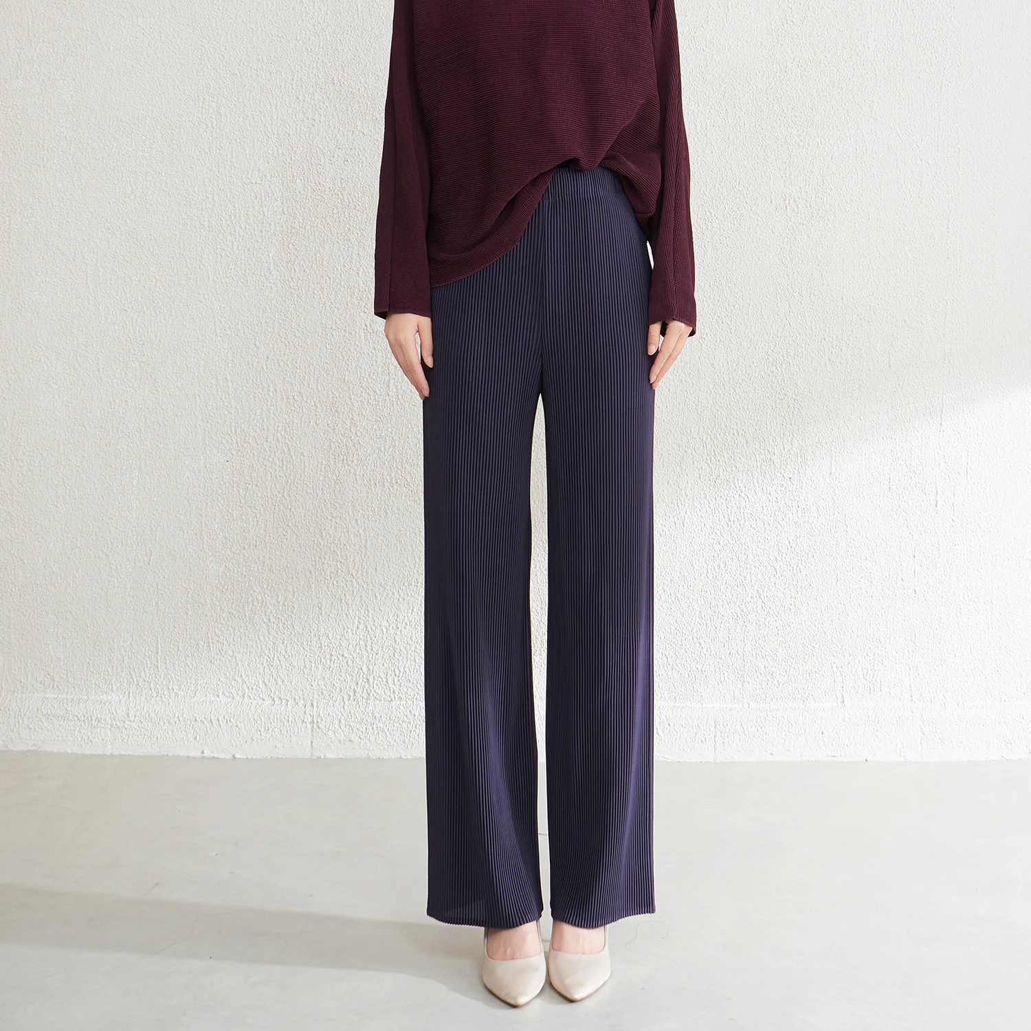 고품질 미야케 플리츠 공장 여성 캐주얼 스트레이트 바지 폴리에스터 원단 플리츠 공예 바지