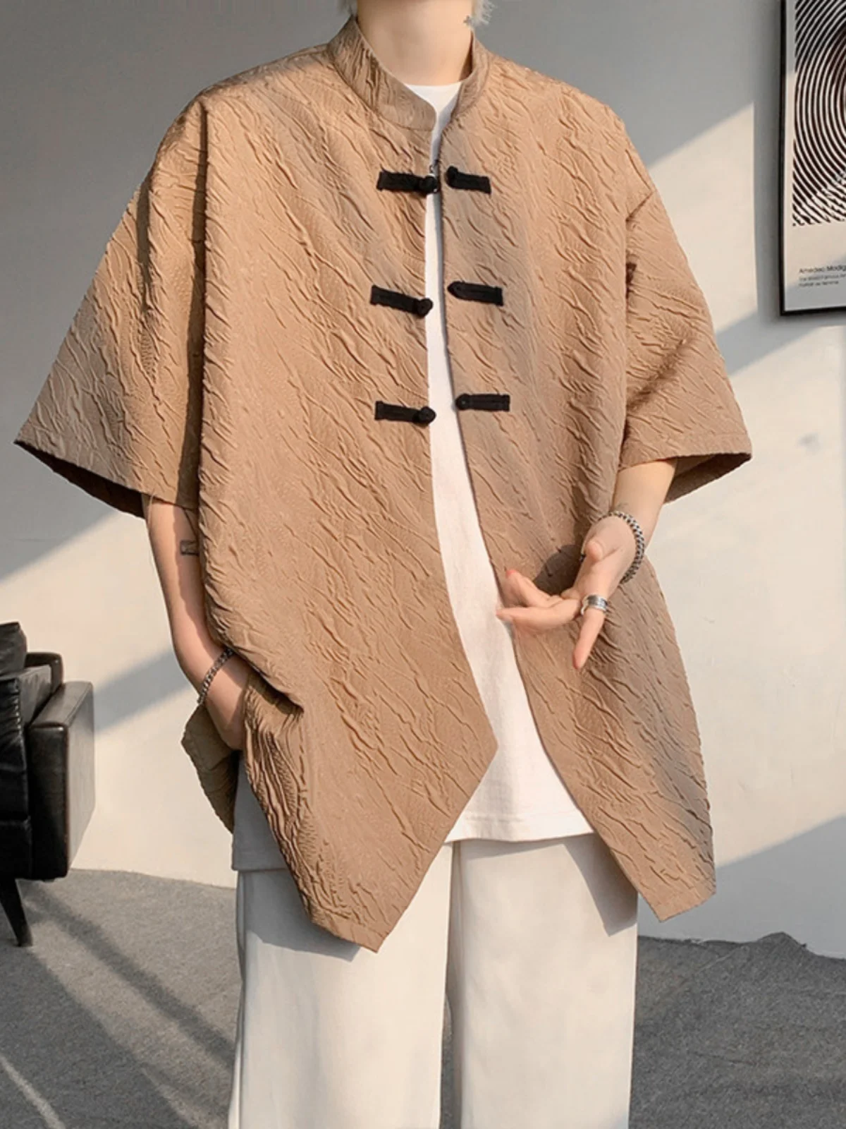 

High Quali Textured ort Sve Men's irt Summer Traditional Chinese Sle Button down Loose Fit Breathable Casual irt