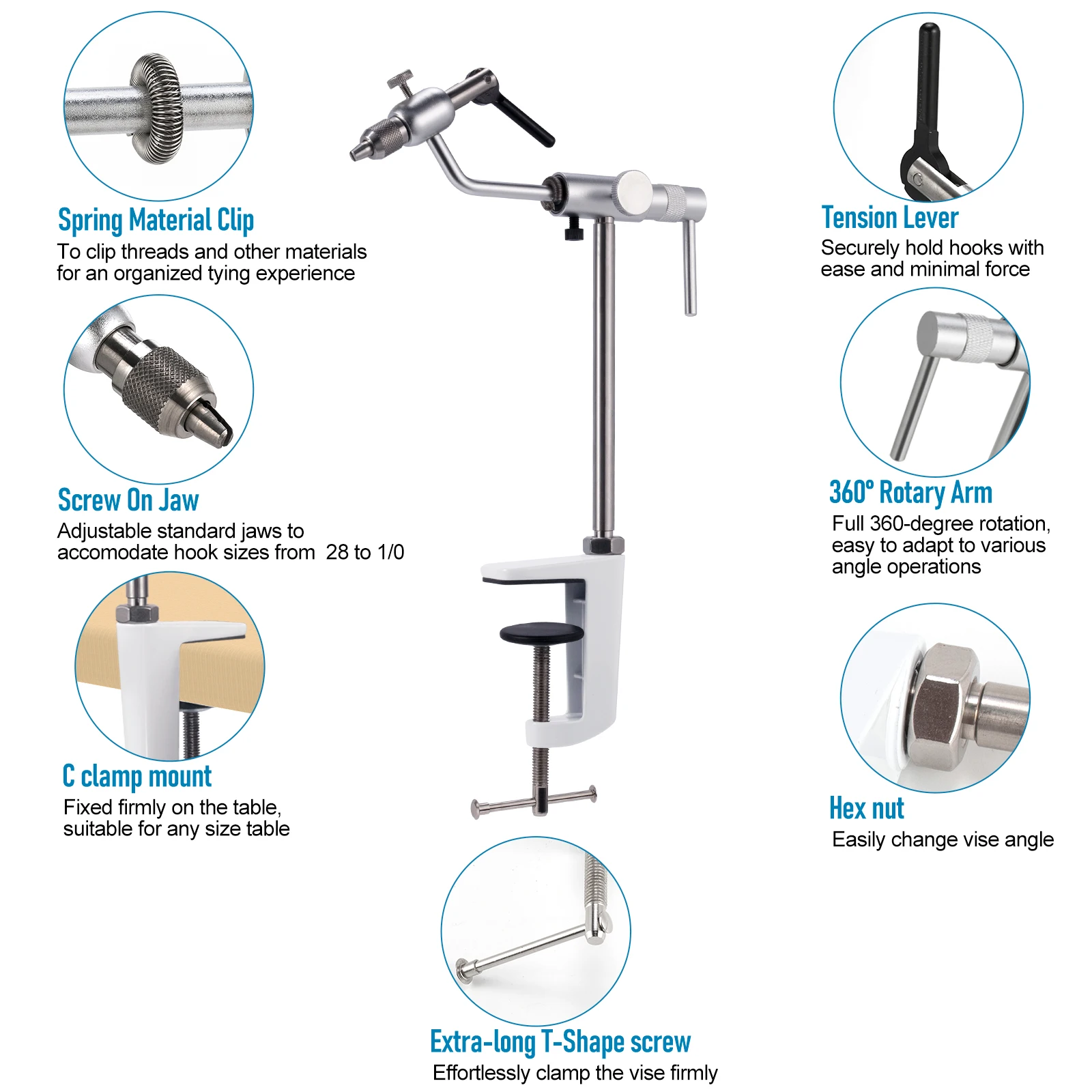 Imagem -04 - Voar Amarrando Vise 360 Graus Giratório Liga de Alumínio Pesca Moscas Amarrar Ferramentas C-clamp Mount Standard Jaws Aço Inoxidável