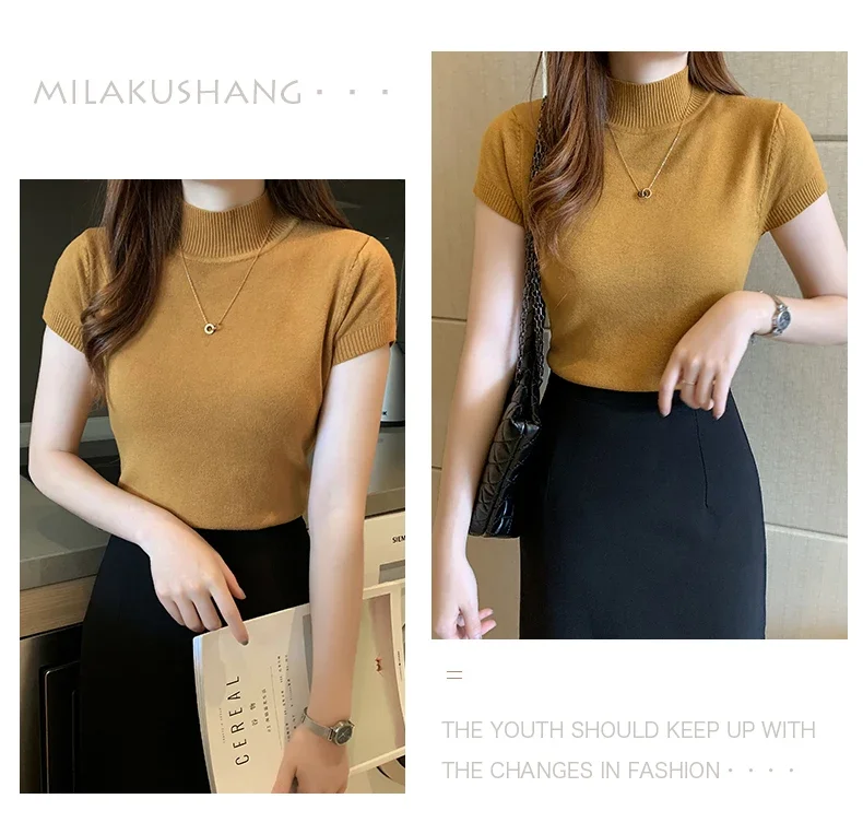 Halbhohes T-Shirt für Damen, modischer Pullover, lässige Oberteile, koreanischer Stil, elegante einfarbige Kleidung, Frühlings- und Sommersaison – Detail 13