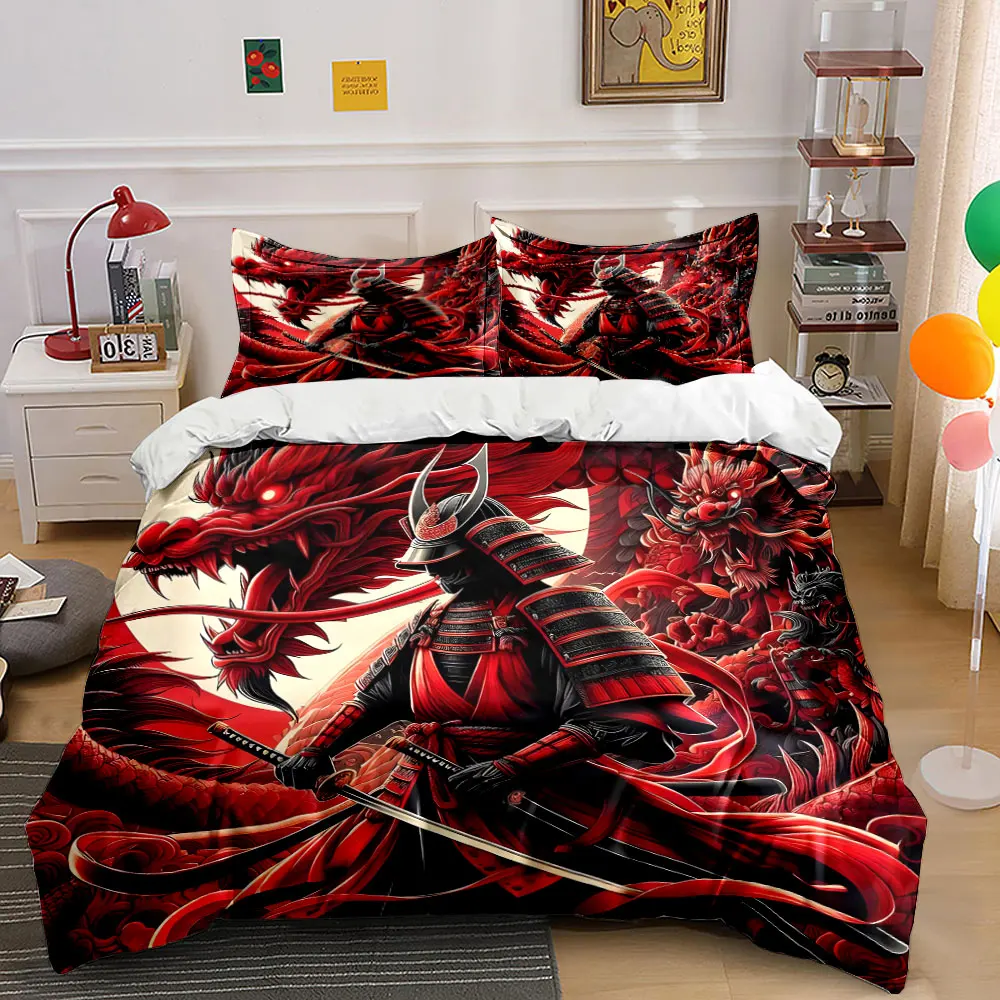Red Samurai Armor Dragon Duvet Cover Print Bedding Set 1 Duvet Cover 2 Pillowcases for Adult and Children Luxury Gift Full Size