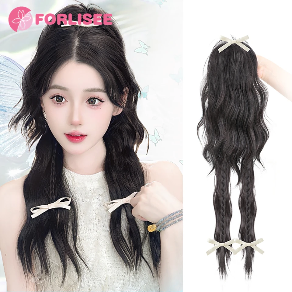 

FORLISEE Synthetic Ponytail Wig Female Claw Clip Dopamine Color Bow Half-tied Boxing Braid Y2k Ponytail