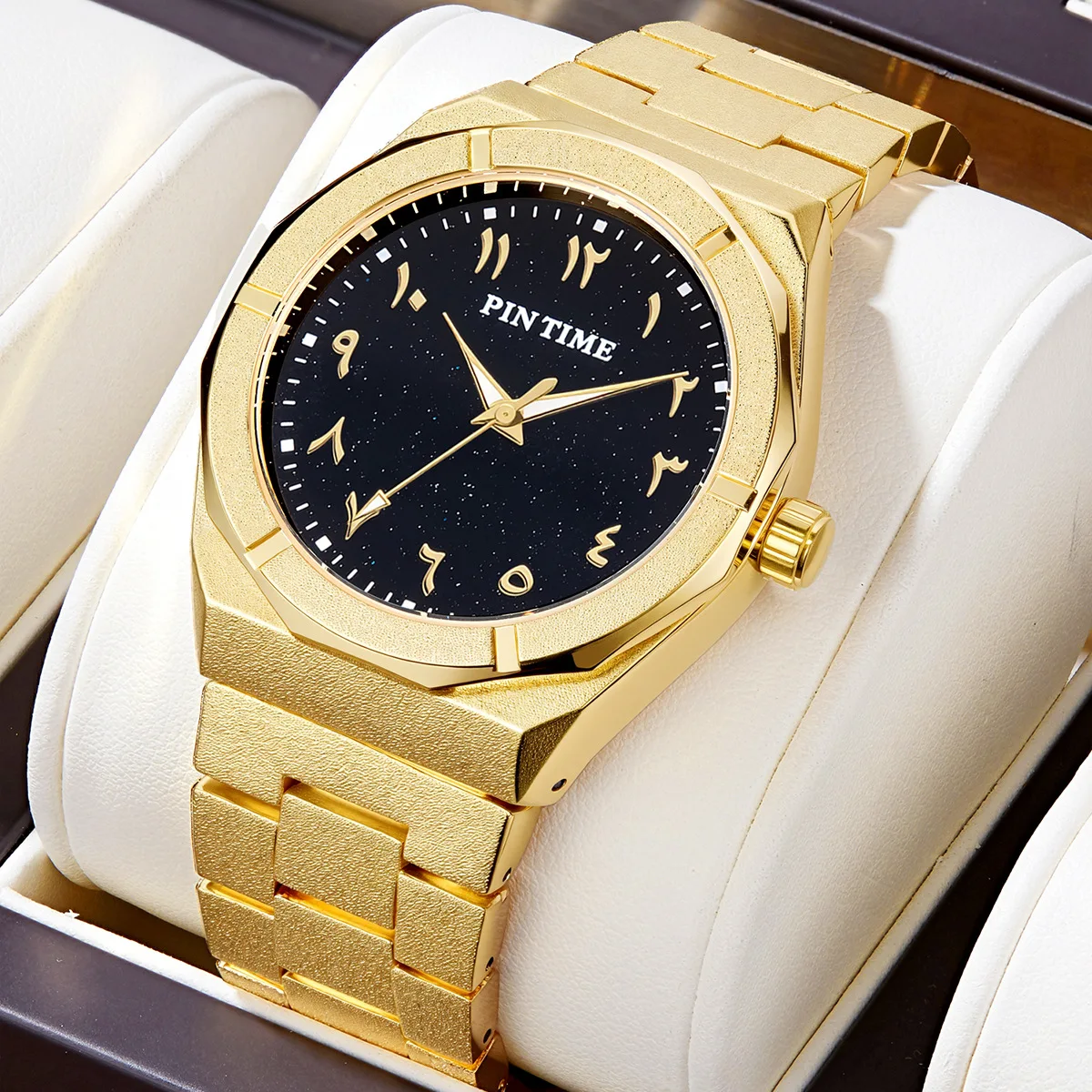 2026 Men Quartz Watch Frosted Octagonal Alloy Case Stainless Steel Bracelet Strap Arabic Numeral Starry Black Dial Waterproof