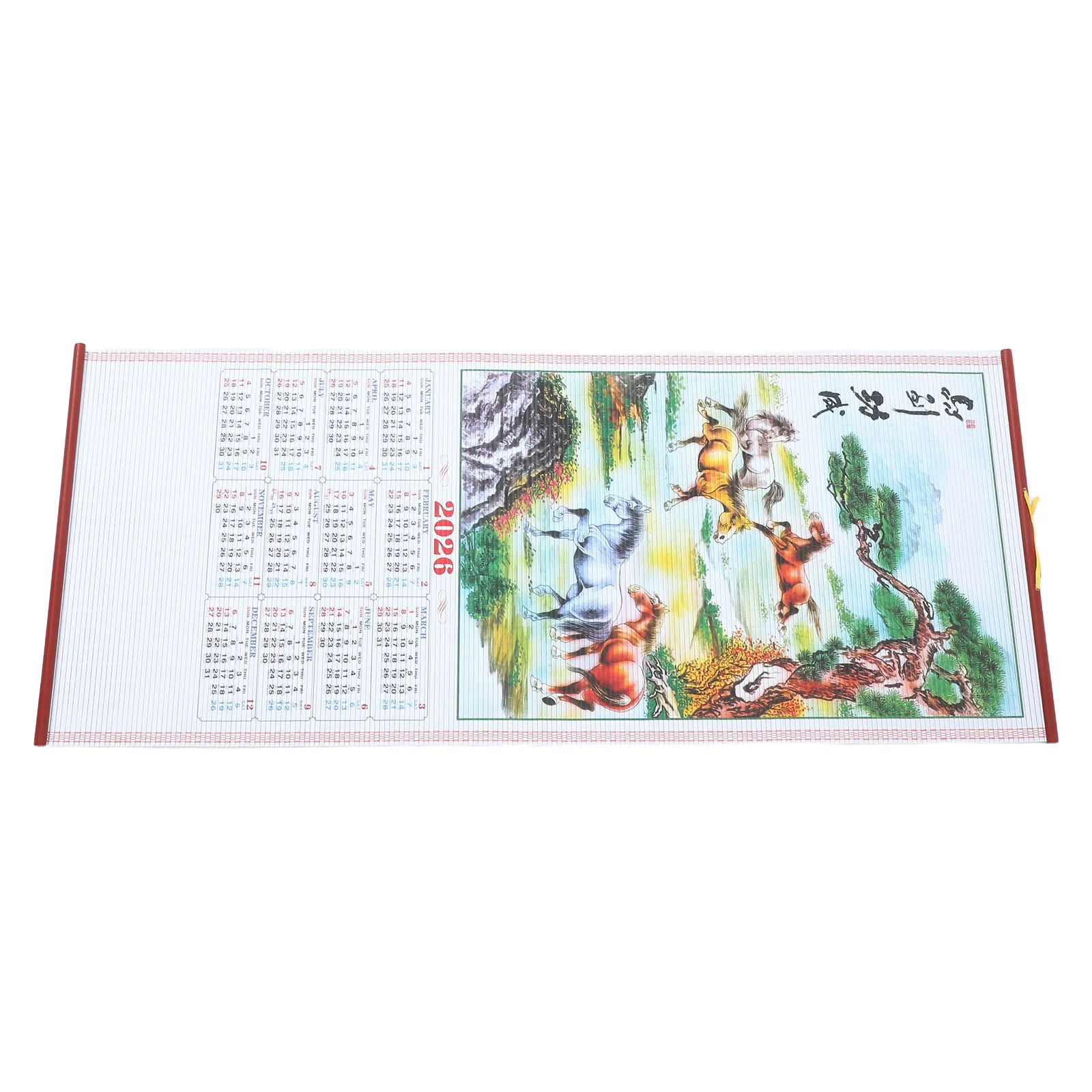 

Horse Year 2026 Faux Rattan Hanging Scroll Calendar Traditional Chinese Lunar Year Wall Calendar Living Room Office Decoration