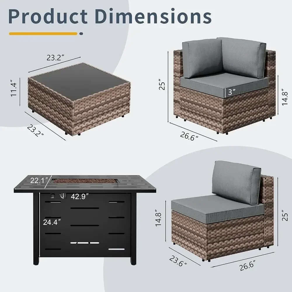 5-Piece Outdoor Patio Furniture Set with Fire Pit, Brown Rattan Wicker Sofa with Grey Cushions, Suitable for Garden, Deck, Porch