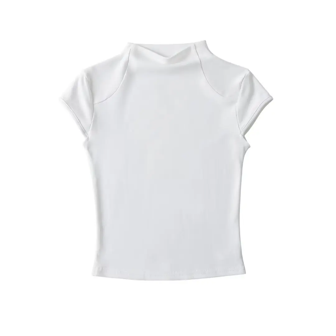 تي شيرت نسائي صيفي بأكمام قصيرة وقصة ضيقة، تصميم عصري بلون واحد وياقة نصف عالية مع تغطية للكتف