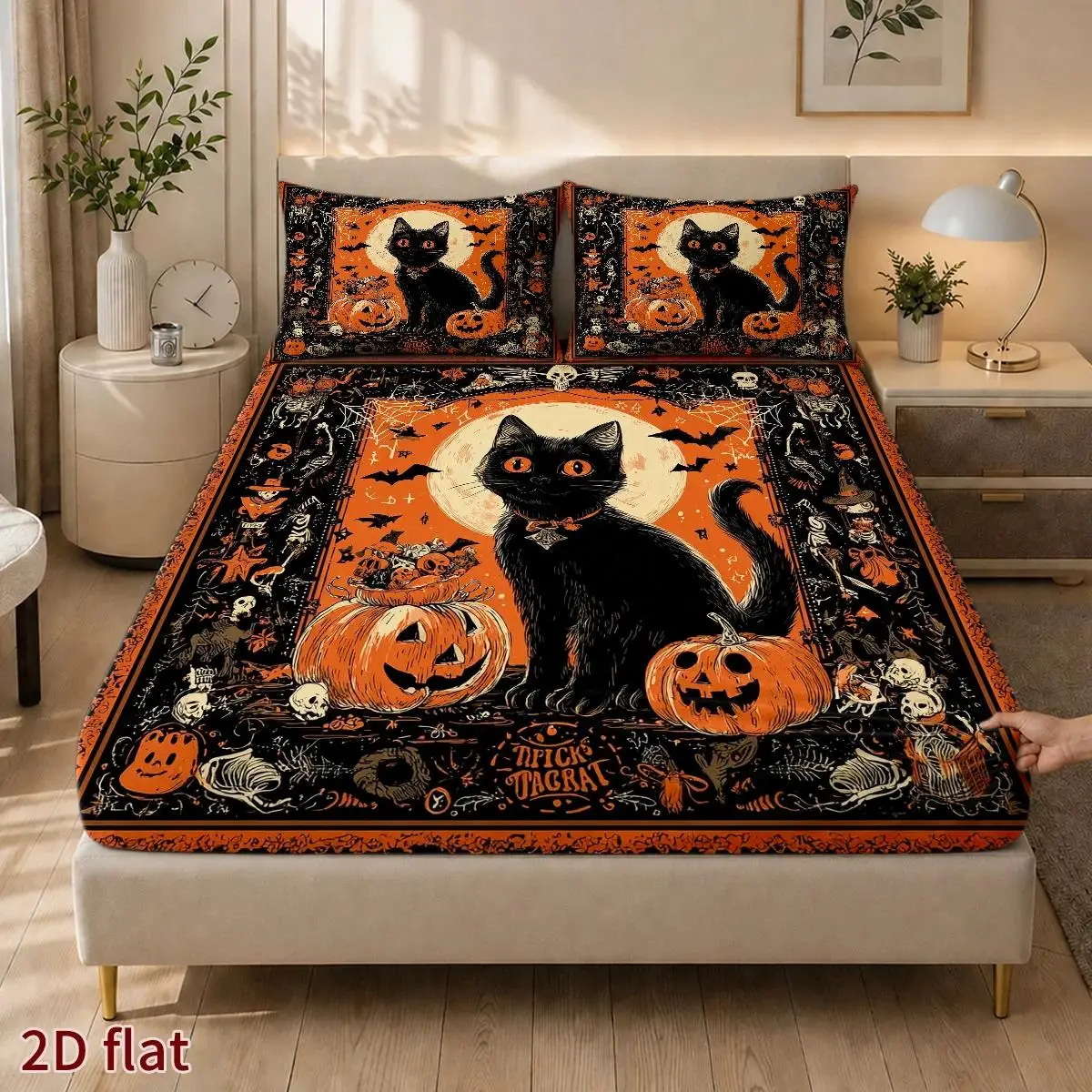Halloween Mattress Protector with Pillowcases, 1 Fitted Sheet + 2 Pillowcases (Without Filling) 2D Flat Printing, Holiday Decoration Mattress Cover, Mattress Protector, Fitted Sheet Cover, King/Twin/Queen Size, Master Bedroom Guest Room Decoration, Dust-Proof and Stain-Resistant, High Elasticity, Fits Various Sizes